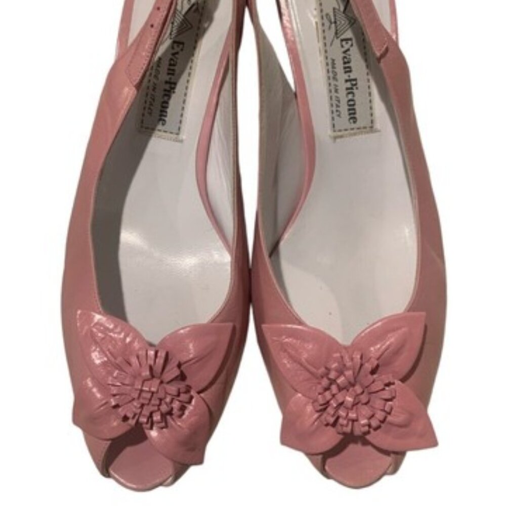 Vintage MCM Leather Pink Slingback Open Toe Kitten Heels With Floral Detail 50s